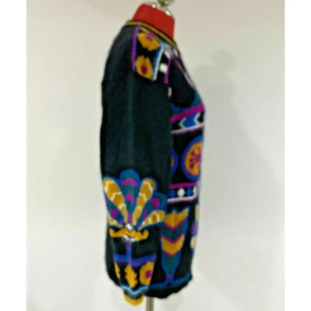 Retro Rafaella Angora Blend Sweater Chunky Black & Multicolor Geometric S/Petite